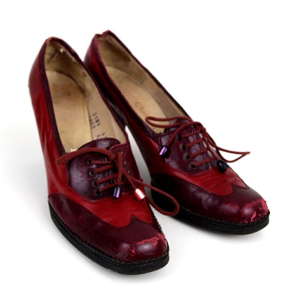Christian Dior RED BURGUNDY GENUINE LEATHER MID HEEL ROUND TOE PUMP SHOES Size 9 - Picture 2 of 12